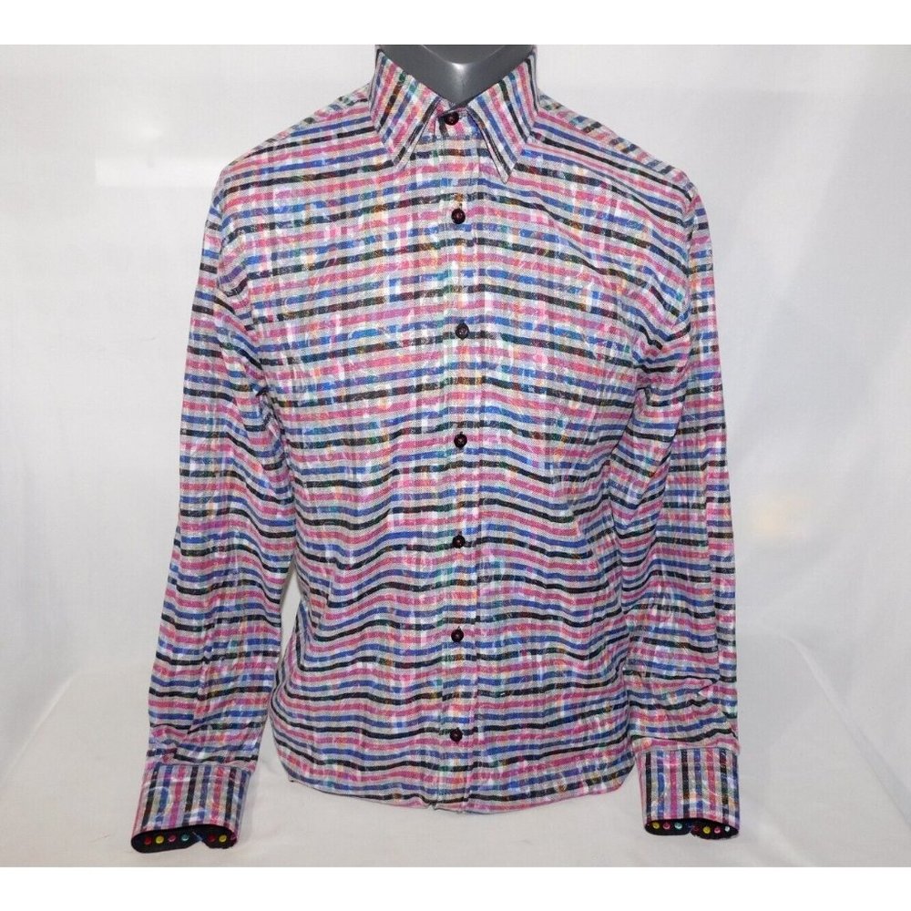 Franco Negretti Montreal Men M Pink Blue Black Colorful Plaid Button Front Shirt
